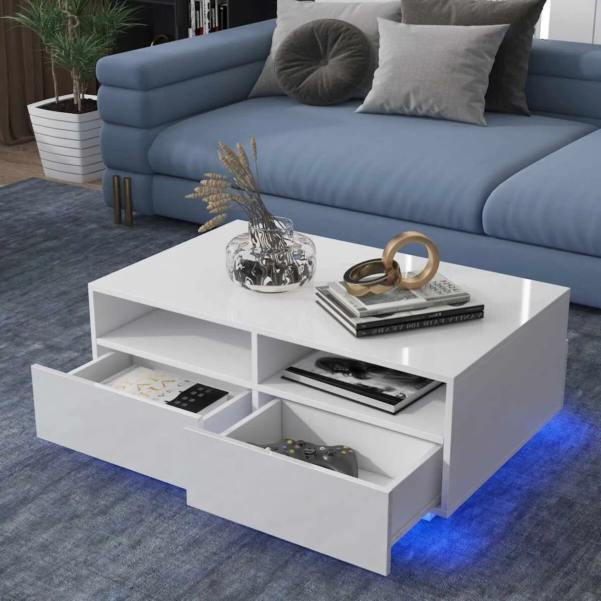 High Gloss LED Coffee Table with 4 Drawers