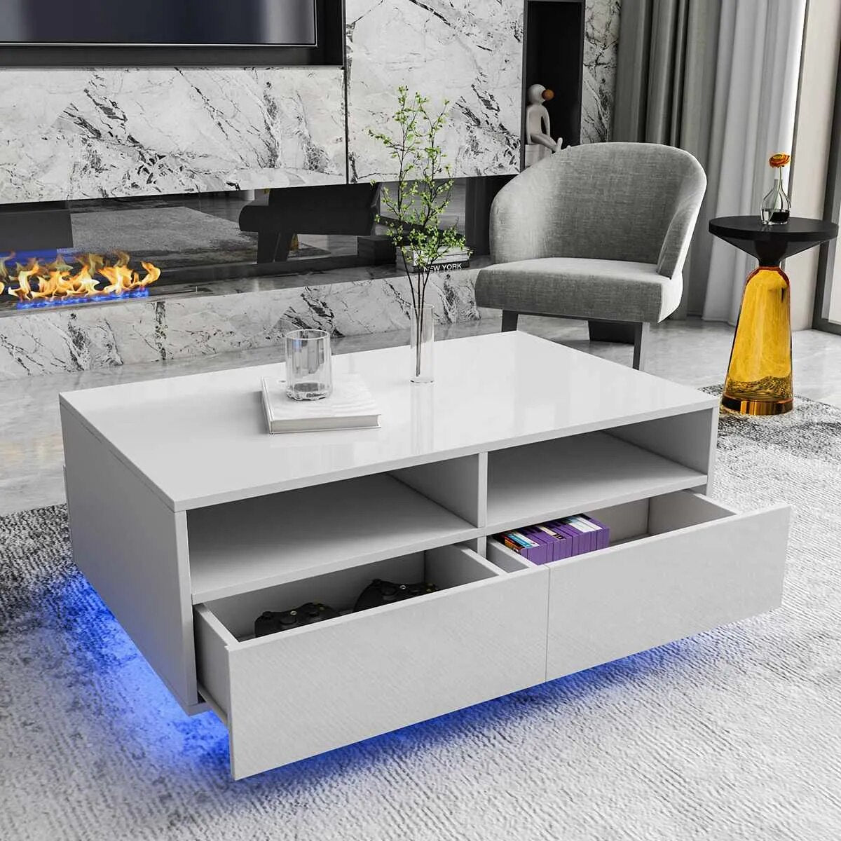 High Gloss LED Coffee Table with 4 Drawers