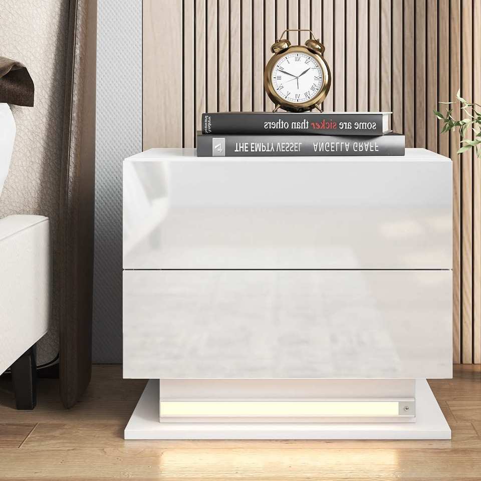 Modern White LED Nightstand with 2 Drawers