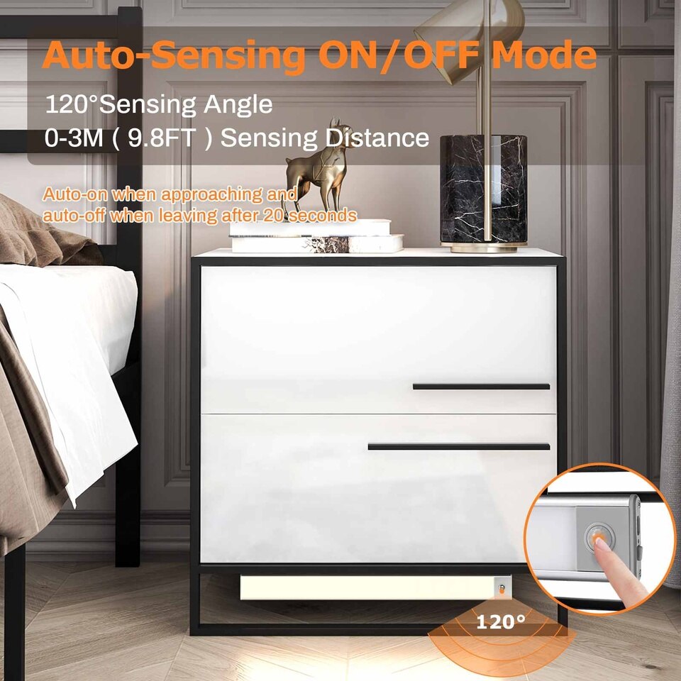 High Gloss White LED Nightstand with Drawer