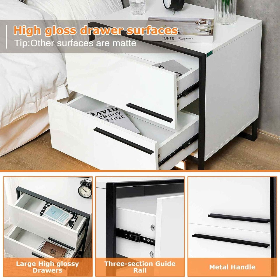 High Gloss White LED Nightstand with Drawer