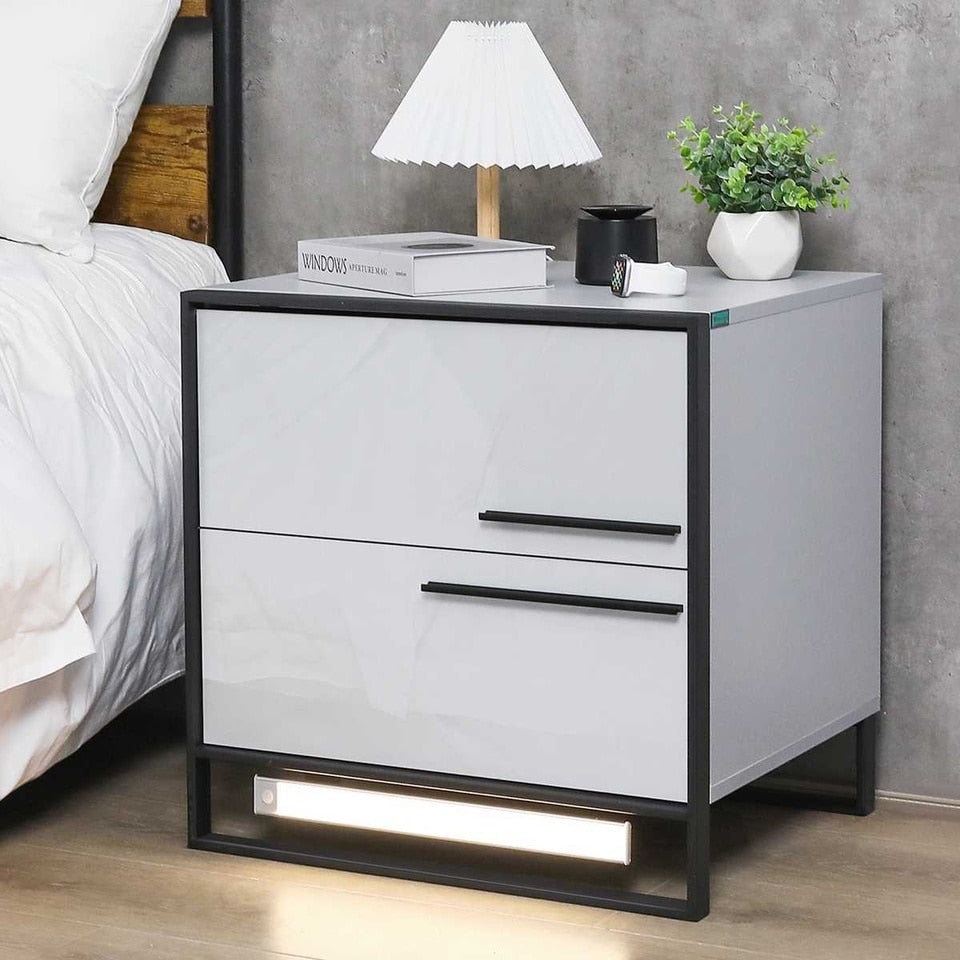 High Gloss Grey LED Nightstand with Drawer