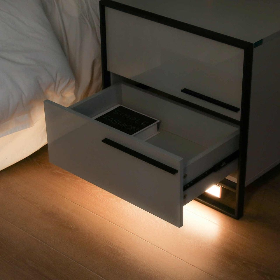 High Gloss Grey LED Nightstand with Drawer