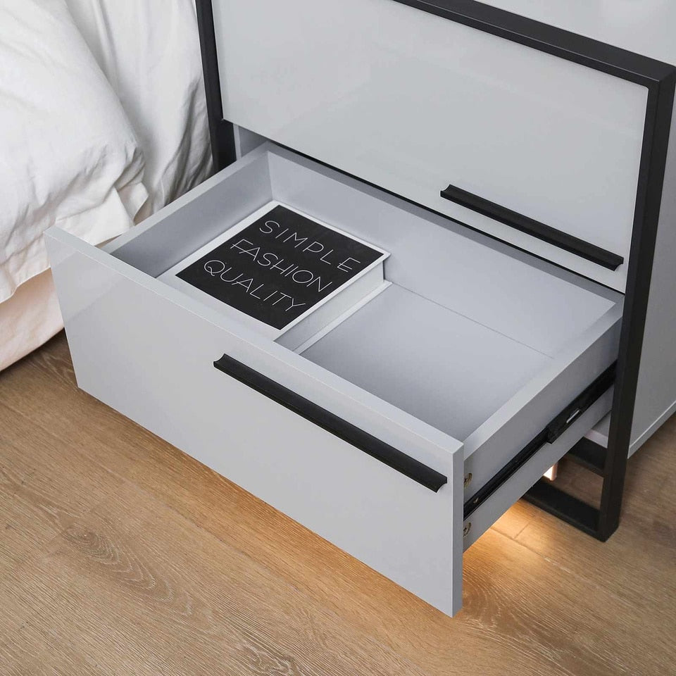 High Gloss Grey LED Nightstand with Drawer