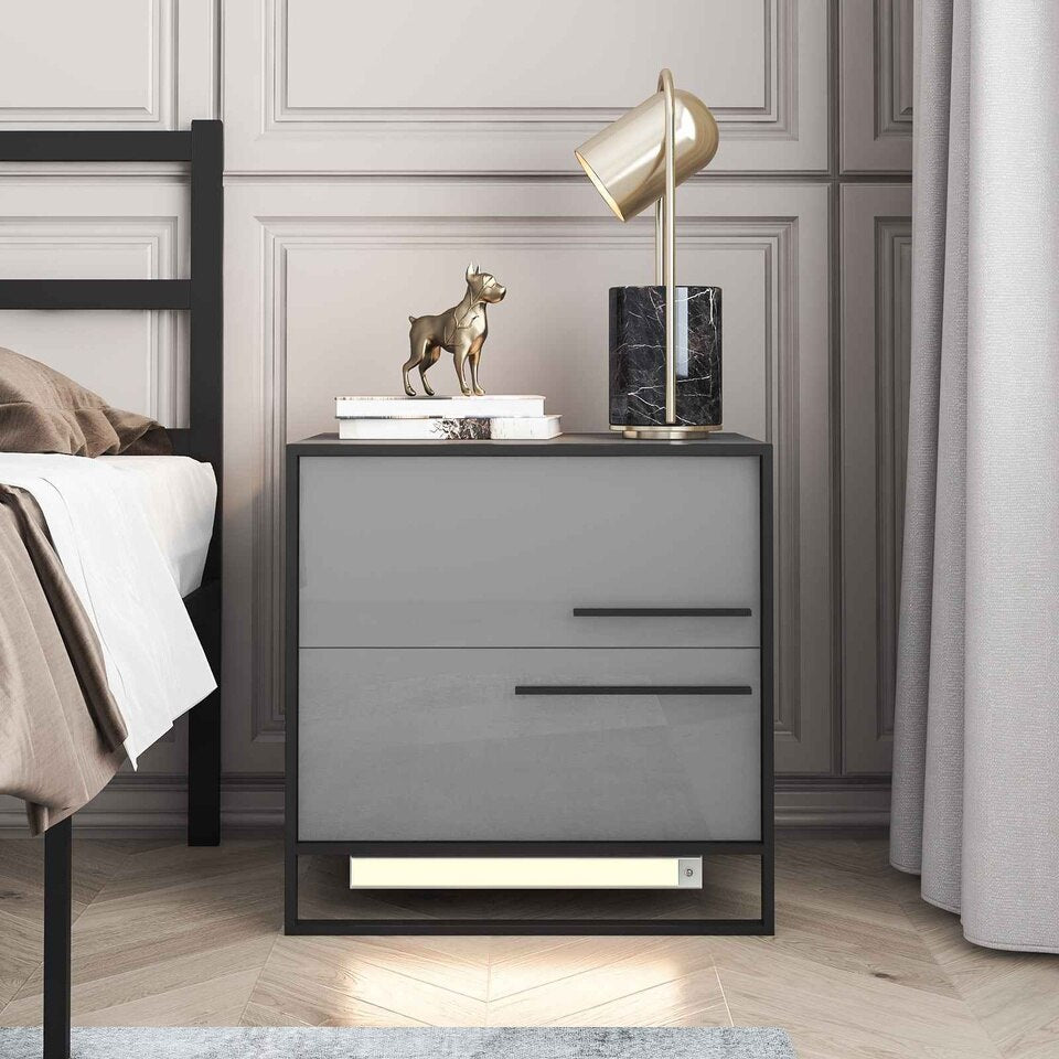 High Gloss Grey LED Nightstand with Drawer