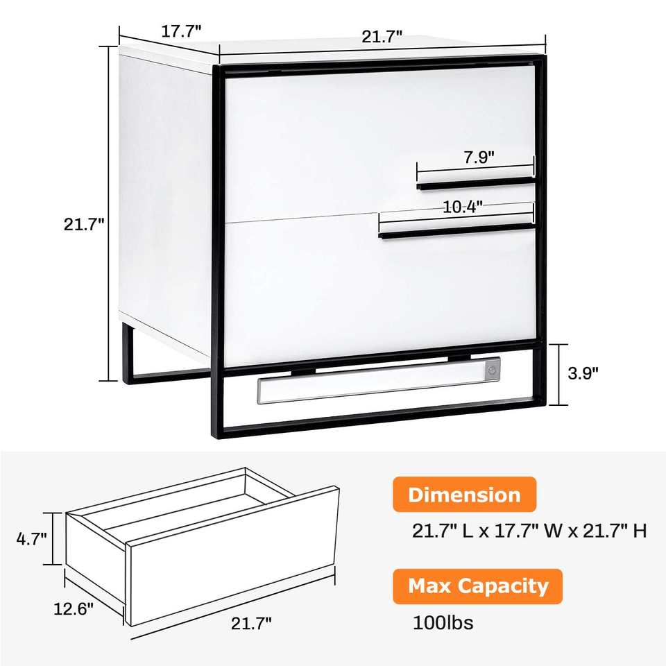 High Gloss White LED Nightstand with Drawer