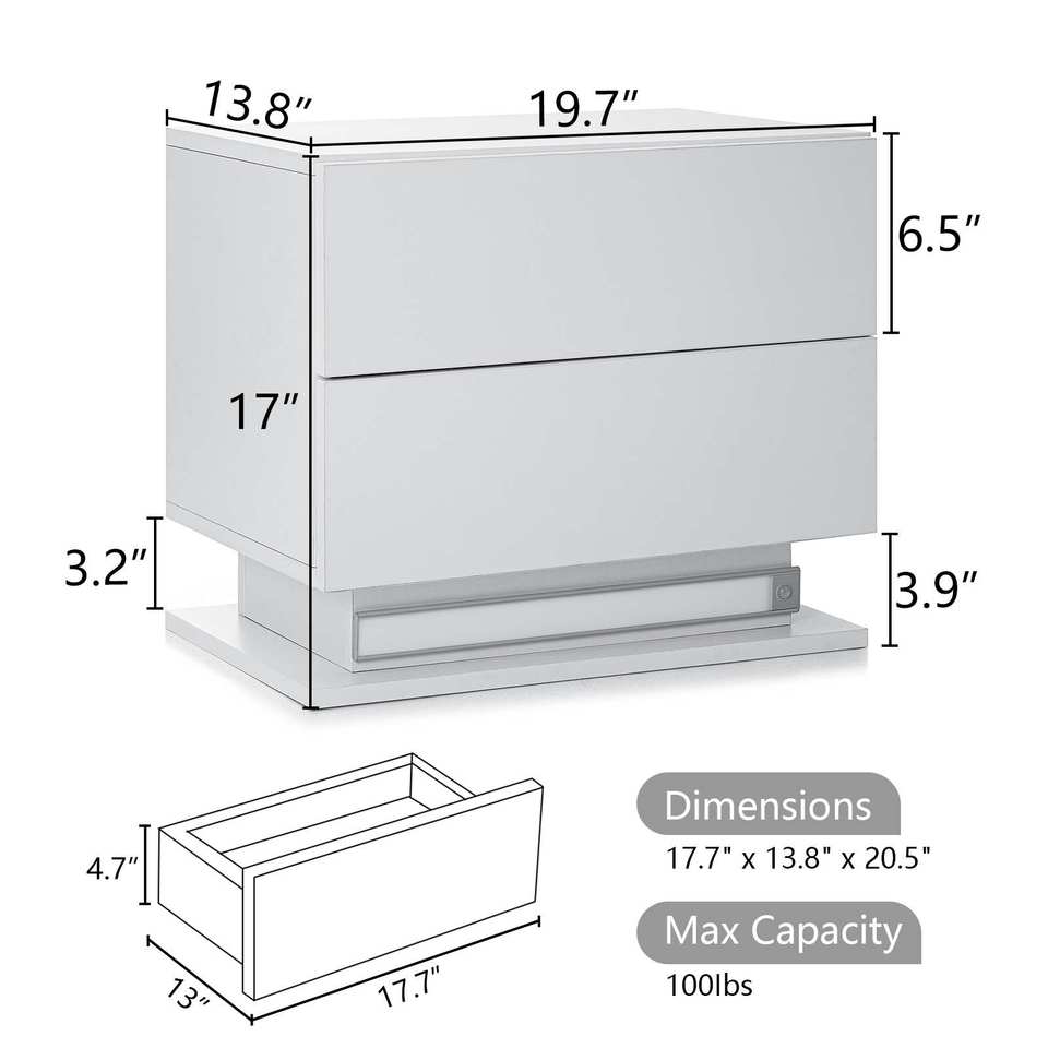Modern White LED Nightstand with 2 Drawers