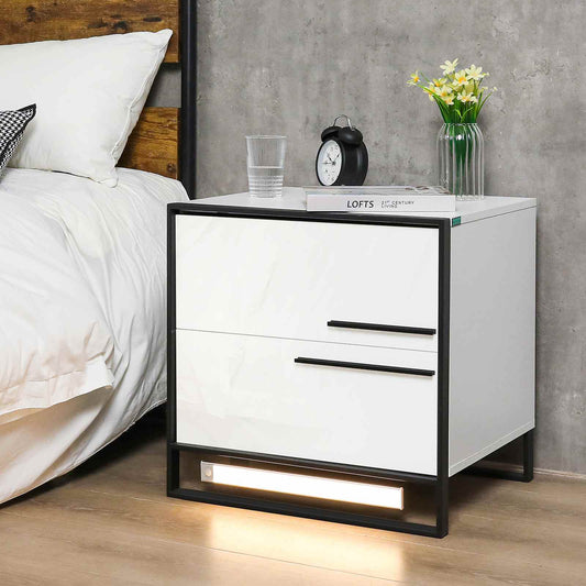 High Gloss White LED Nightstand with Drawer