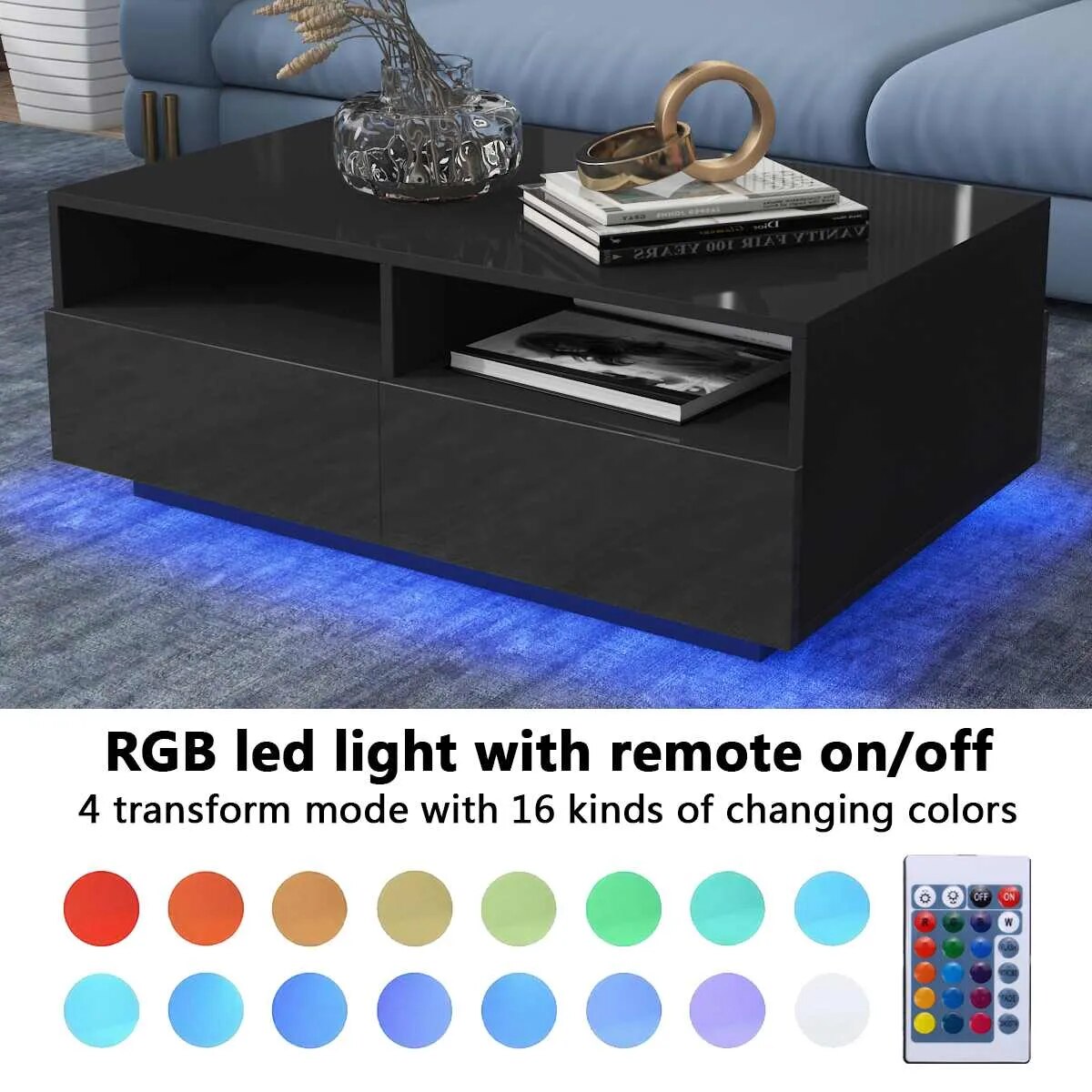 High Gloss LED Coffee Table with 4 Drawers