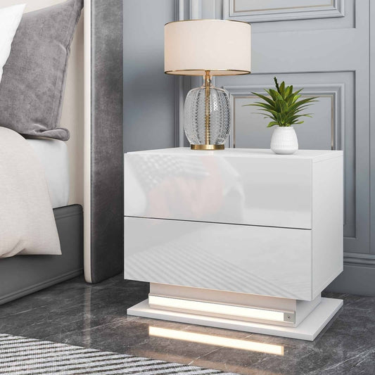 Modern White LED Nightstand with 2 Drawers